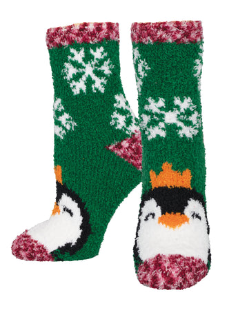 Warm & Cozy Penguin - Green Crew Socks | Women's - Knock Your Socks Off