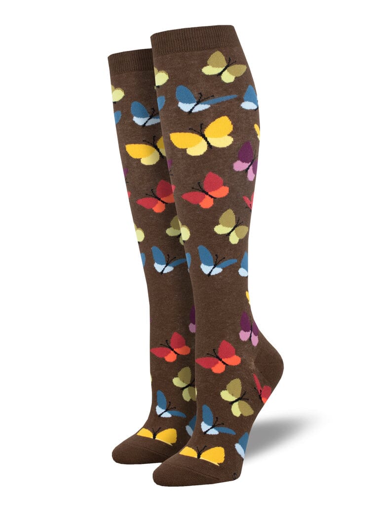 Women's butterfly knee high socks in brown with colorful butterflies, flat product shot