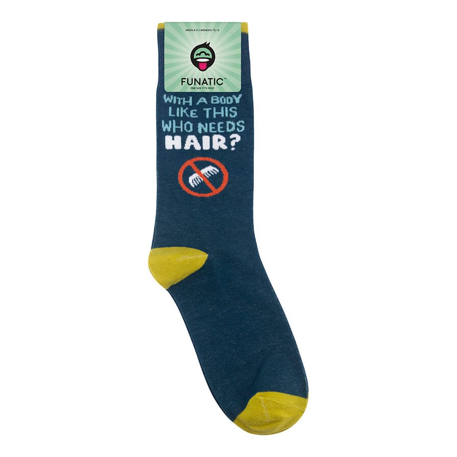 Navy bald-humor sock with Funatic header card showing the &