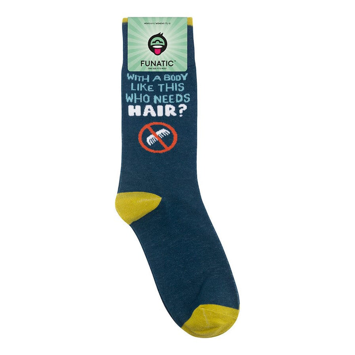 Navy bald-humor sock with Funatic header card showing the &