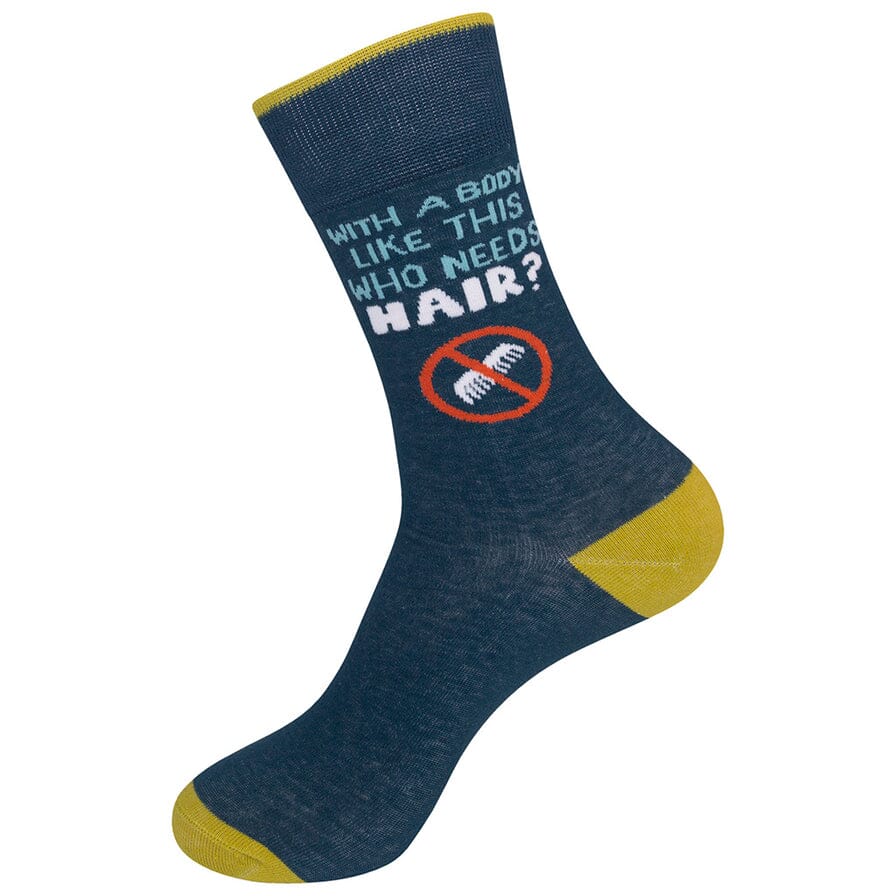 Side view of the navy hair sock showing the full question and red crossed-out comb