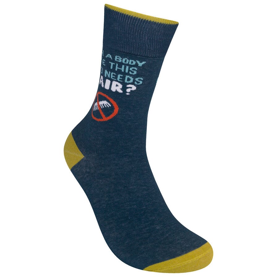 Standing side view of the navy sock with partial lettering and the no-comb symbol