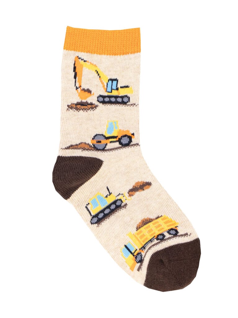 Kids' working class crew socks, flat lay showing construction vehicles on oatmeal with brown heel and toe