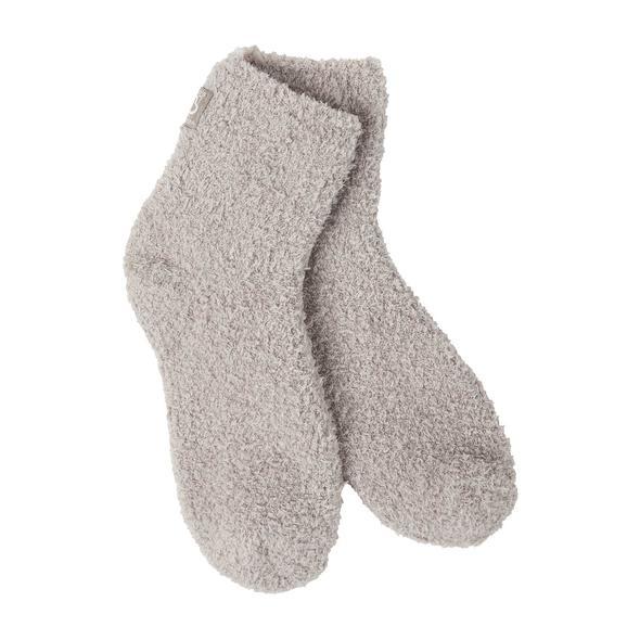 Pair of women's plush taupe cozy quarter ankle socks shown flat at an angle on a white background