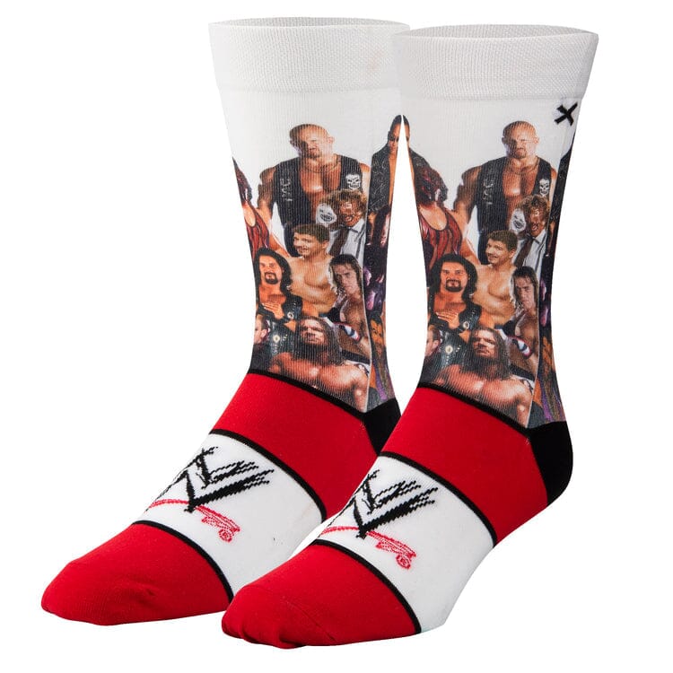 WWE Attitude Era crew socks in white with a photoreal group of wrestling legends and red foot with WWE logo