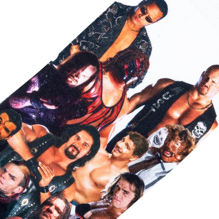 Close-up of the WWE sock fabric showing Kane, The Rock and other Attitude Era wrestlers in detail