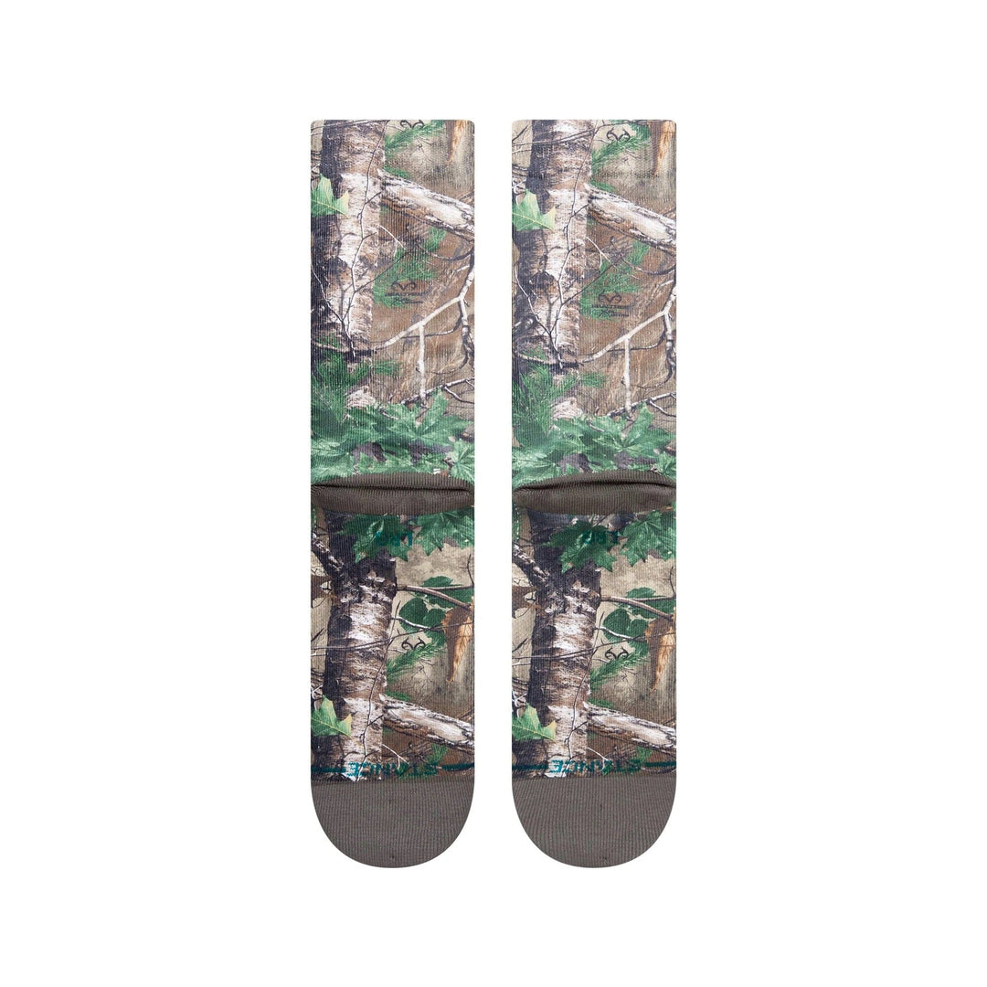 Reverse view of woodland camo crew socks showing the back print and gray toe