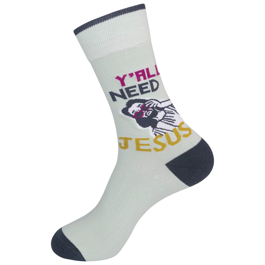 Side view of the mint Jesus sock showing the saying and cartoon figure along the leg