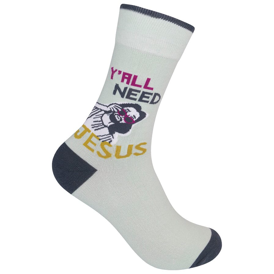Mint-green crew sock toe-down with cartoon Jesus in pink sunglasses and &