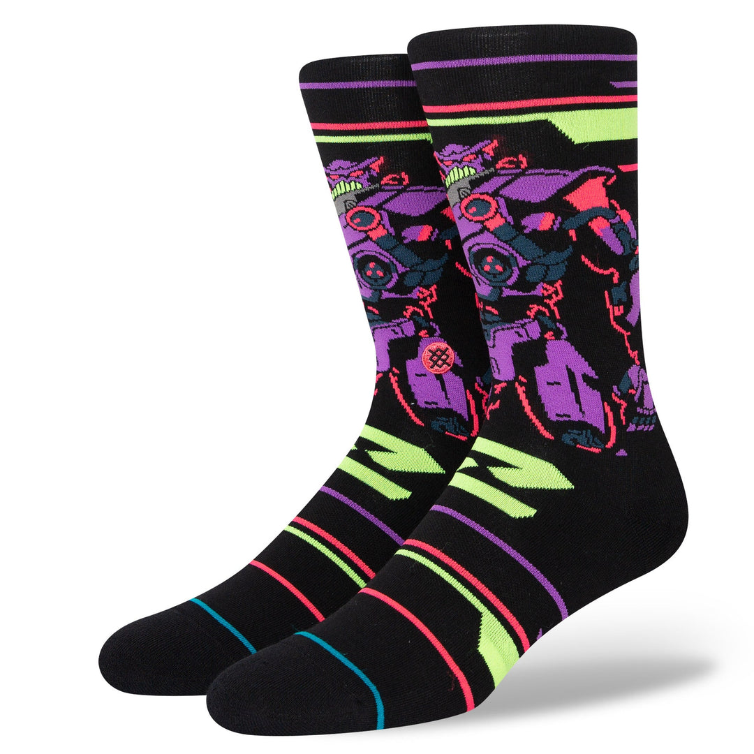 Pair of black crew socks featuring the Lightyear villain Zurg in purple with neon accents, display view